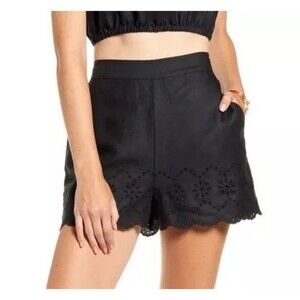 Rachel Parcell Shorts Womens XS Eyelet Linen Black Pockets Elastic Band Stretch
